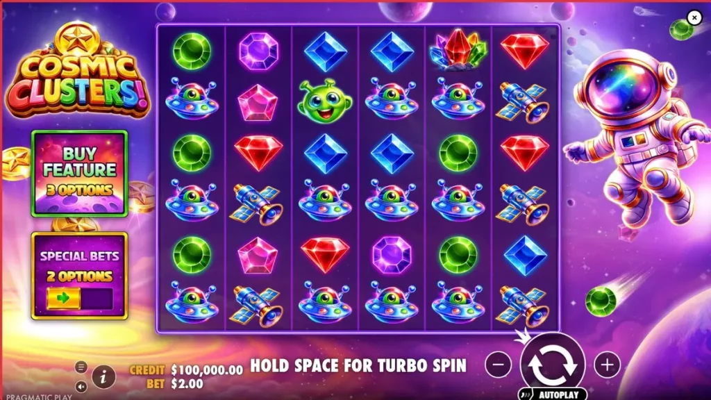 Tampilan visual slot Cosmic Clusters dengan tema luar angkasa dan neon