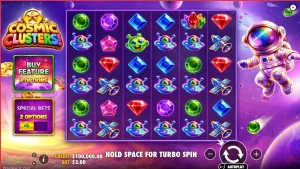 Tampilan visual slot Cosmic Clusters dengan tema luar angkasa dan neon
