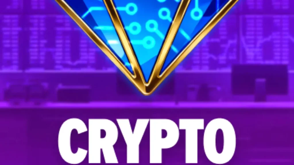 Tampilan layar permainan slot Crypto Crown 20 dengan simbol kripto dan neon.